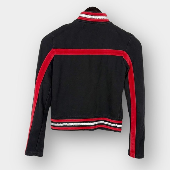 Vintage Y2K Track Jacket Black Red Striped Velour Trim Zip Front Ring Pull Small - Picture 2 of 9